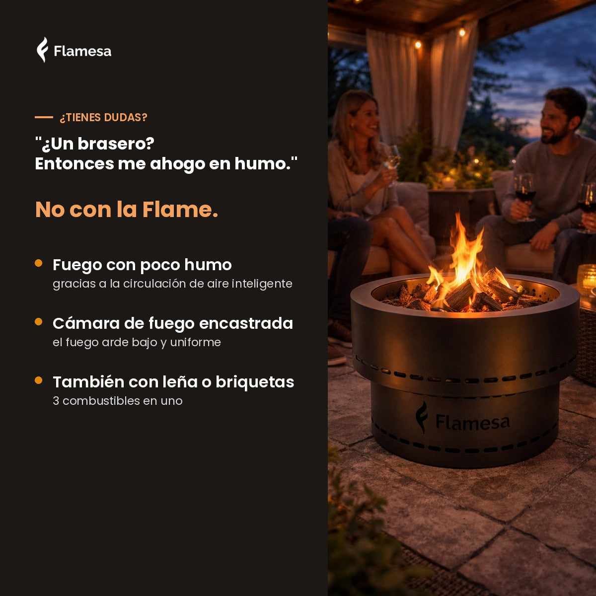 Flamesa Flame: brasero encendido en la terraza al anochecer